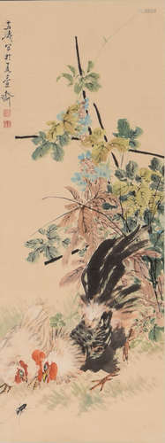 A Chinese Rooster Painting Paper Scroll, Wang Xuetao Mark