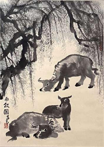 A Chinese Landscape Painting Paper Scroll, Li Keran Mark