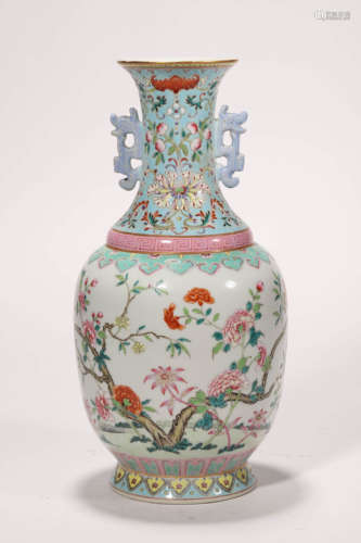 A Famille Rose Flower Double-Eared Vase