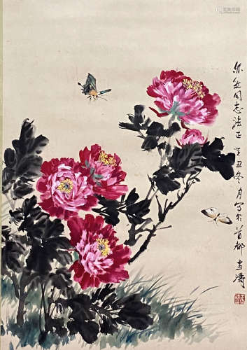 A Chinese Flower and Bird Painting Paper Scroll, Wang Xuetao...