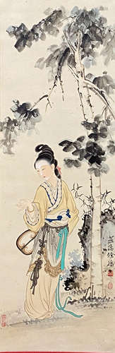 A Chinese Figure Painting Paper Scroll, Sun Yansun Mark