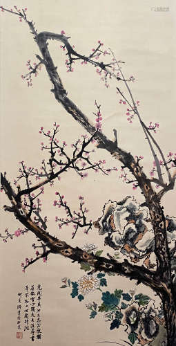 A Chinese Plum Blossom Painting Paper Scroll, He Xiangning M...
