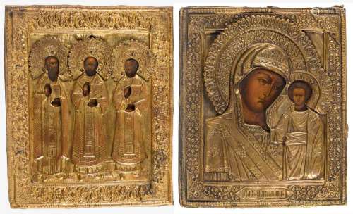 Zwei Ikonen mit Maria und Jesus sowie drei Heiligen mit Okla...
