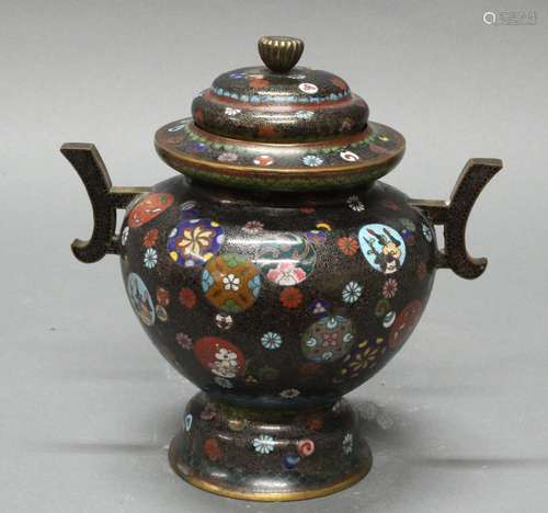 Altarvase, Japan, um 1900, Cloisonné, farbige Blüten und Orn...