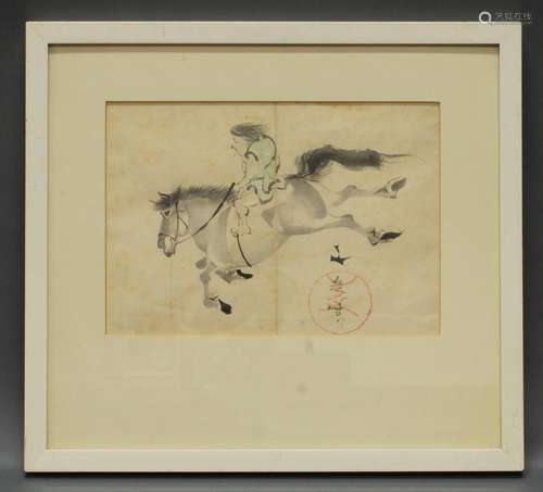 Albumblatt, "Knabe auf Pferd", Japan, 19. Jh., Tus...