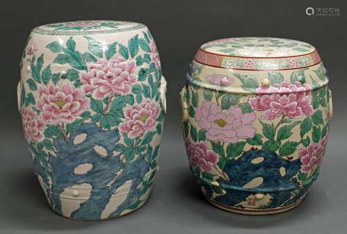 2 Gartenhocker, China, neuzeitlich, Porzellan, polychromer f...