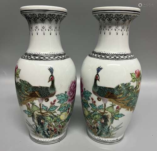 pair of chinese famille rose  vase ,hand painted birds, H 21...