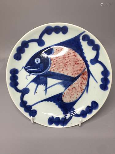 chinese blue and white and copper red plate and painted fish...