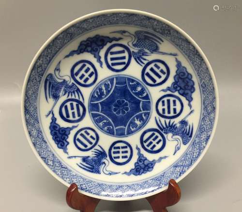 chinese blue and white porcelain plate ,hand painted crane ,...