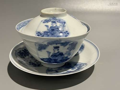 japanese blue and white tea bowl and cover ,D 9.5cm H 7.5cm