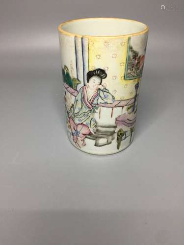 chinese famille rose brush pot ,D 7.5cm  H 11.5cm