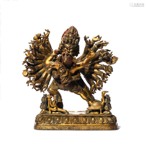 A GILT BRONZE FIGURE OF YAMANTAKA