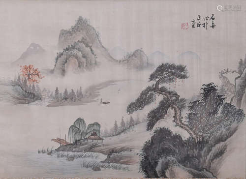 A CHINESE FLOWER&RIVER PAINTING SILK SCROLL