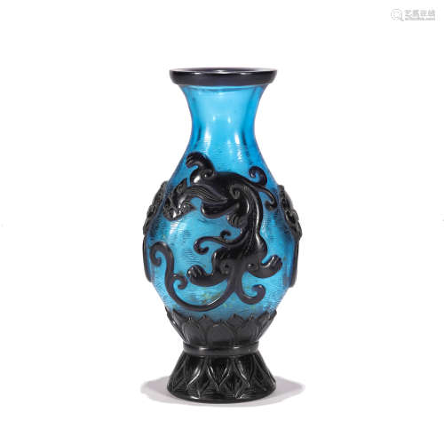 A BLACK OVERLAY BLUE GLASS CHILONG VASE