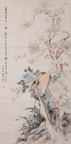 A CHINESE FLOWER PAINTING PAPER SCROLL