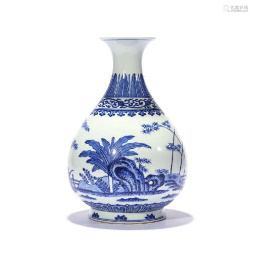 A BLUE AND WHITE PLANTAIN VASE