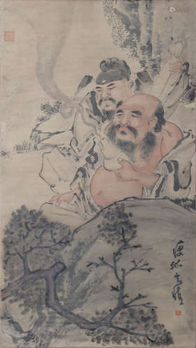 A CHINESE FIGURE PAINTING PAPER SCROLL, HUANG ZHEN MARK