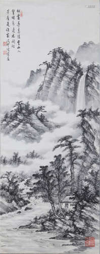 A CHINESE LANDSCAPE PAINTING PAPER SCROLL