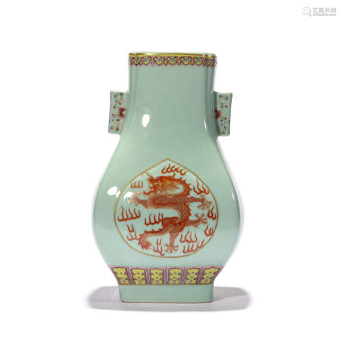 A CELADON AND IRON-RED GLAZE DRAGON SQUARE VASE