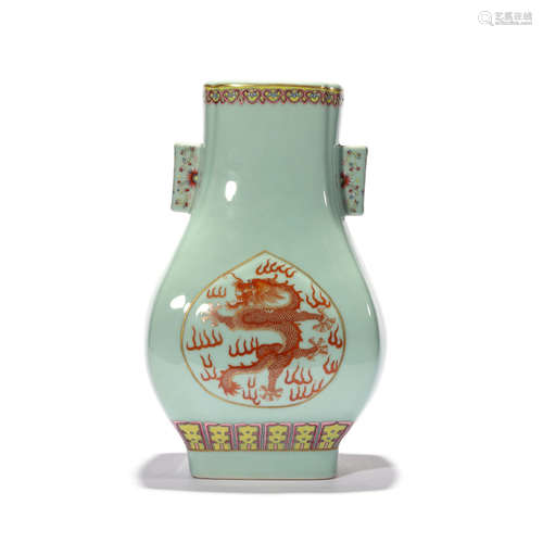 A CELADON AND IRON-RED GLAZE DRAGON SQUARE VASE