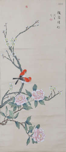TRADITIONAL CHINESE REALISTIC SILK PAINTING, FLOWER AND BIRD