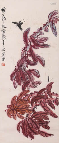 A CHINESE BUTTERFLY&FLOWER PAINTING SILK SCROLL, QI BAISHI M...