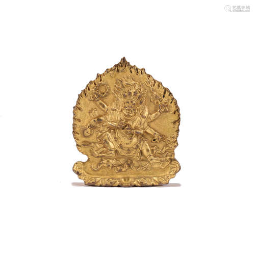 A GILT BRONZE FIGURE OF SIX-ARMED MAHAKALA