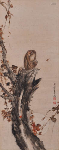 A CHINESE MONKEY PAINTING ON PAPER, GOO QIFENG MARK