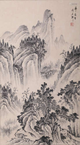 A CHINESE LANDSCAPE PAINTING PAPER SCROLL, HUA YAN MARK