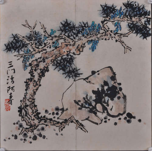 A CHINESE PINE&STONE PAPER PAINTING, PAN TIANSHOU MARK