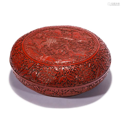 A CARVED CINNABAR LACQUER FIGURE AND LANDSCAPE BOX AND COVER