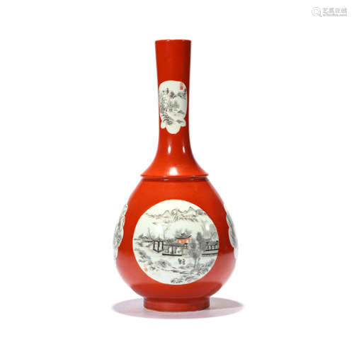 A CORAL-RED GROUND FIGURE BOTTLE VASE