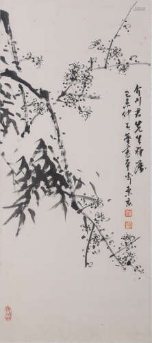 A CHINESE PLUM BLOSSOM&BAMBOO PAPER PAINTING WITH FRAME, DON...