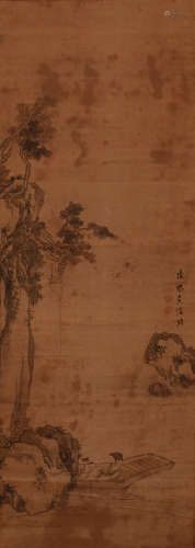 A CHINESE AUTUMN WATERFALL PAINTING PAPER SCROLL