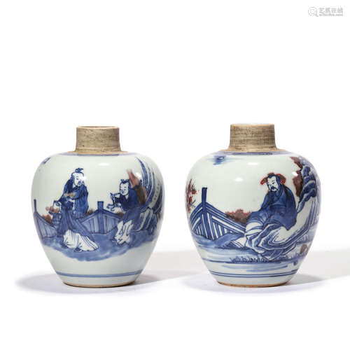 A PAIR OF TWO BLUE AND WHITE FIGURE VASES