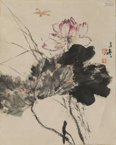 A CHINESE LOTUS POND PAINTING SCROLL, WANG XUETAO MARK