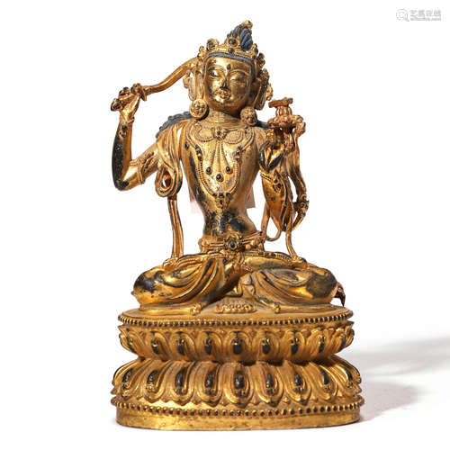 A GILT BRONZE FIGURE OF MANJUSHRI