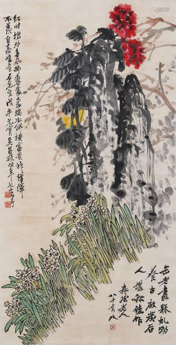 A CHINESE FLOWER&INSECT PAINTING PAPER SCROLL, WANG XUETAO M...