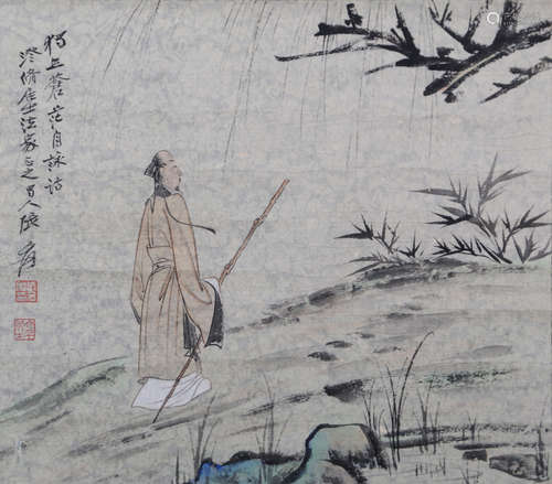 A CHINESE FIGURE PAINTING PAPER SCROLL, ZHANG DAQIAN MARK