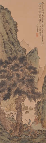 A CHINESE LANDSCAPE PAINTING SILK SCROLL, PU RU MARK