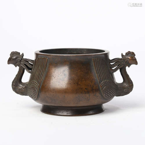 A BRONZE DOUBLE ELEPHANT-EARED CENSER