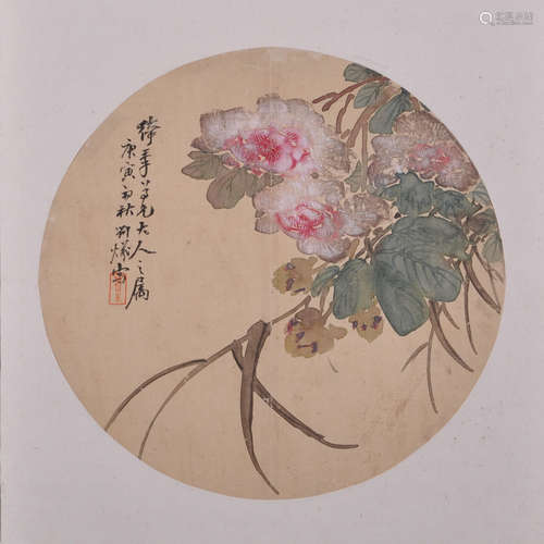 A CHINESE FLOWER ROUND PAINTING ON SILK, LIU XI MARK