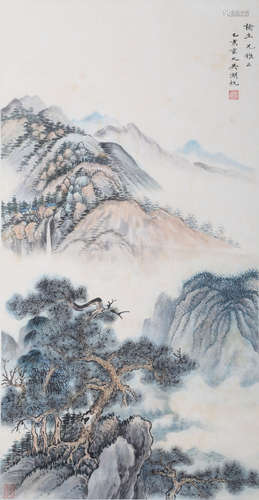 A CHINESE LANDSCAPE PAINTING PAPER SCROLL, WU HUFAN MARK