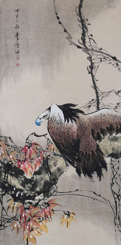 A CHINESE EAGLE PAINTING PAPER SCROLL, LI YUANHAI