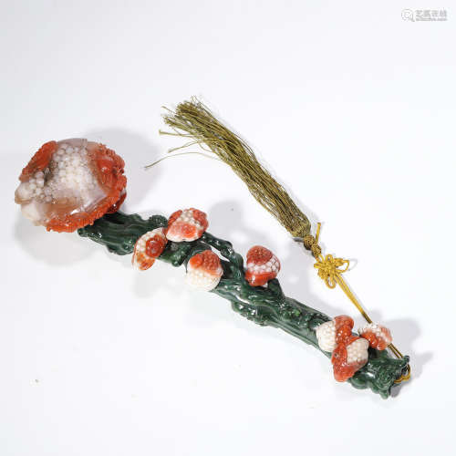 A SOUTH RED AGATE INLAID SPINACH-GREEN JADE RUYI SCEPTRE