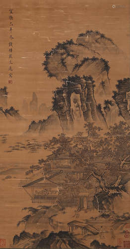 A CHINESE LANDSCAPE PAINTING SILK SCROLL, DAI XI MARK