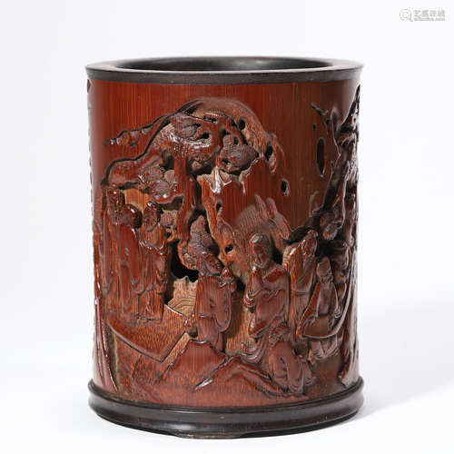 A CARVED BAMBOO MELON&FRUIT BRUSH POT