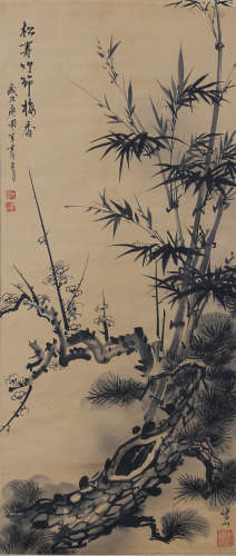 A CHINESE BAMBOO&PLUM BLOSSOM PAINTING SILK SCROLL