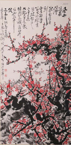 A CHINESE PLUM BLOSSOM PAINTING PAPER SCROLL, GUAN SHANYUE M...