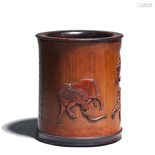 A CARVED BAMBOO FIGURE BRUSH POT